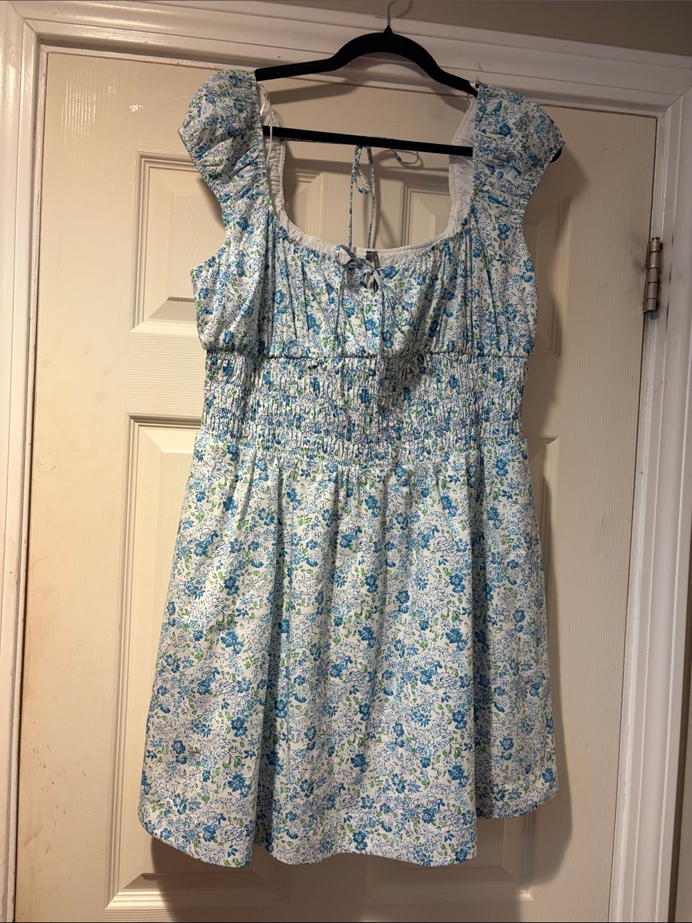 Anthropologie Light Blue and White Floral Smocked Mini Dress